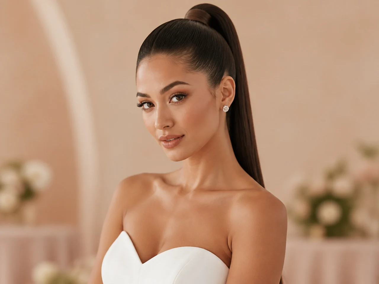 Classic bridal sleek high ponytail with wrapped base and a long straight tail on a bride in a strapless white gown