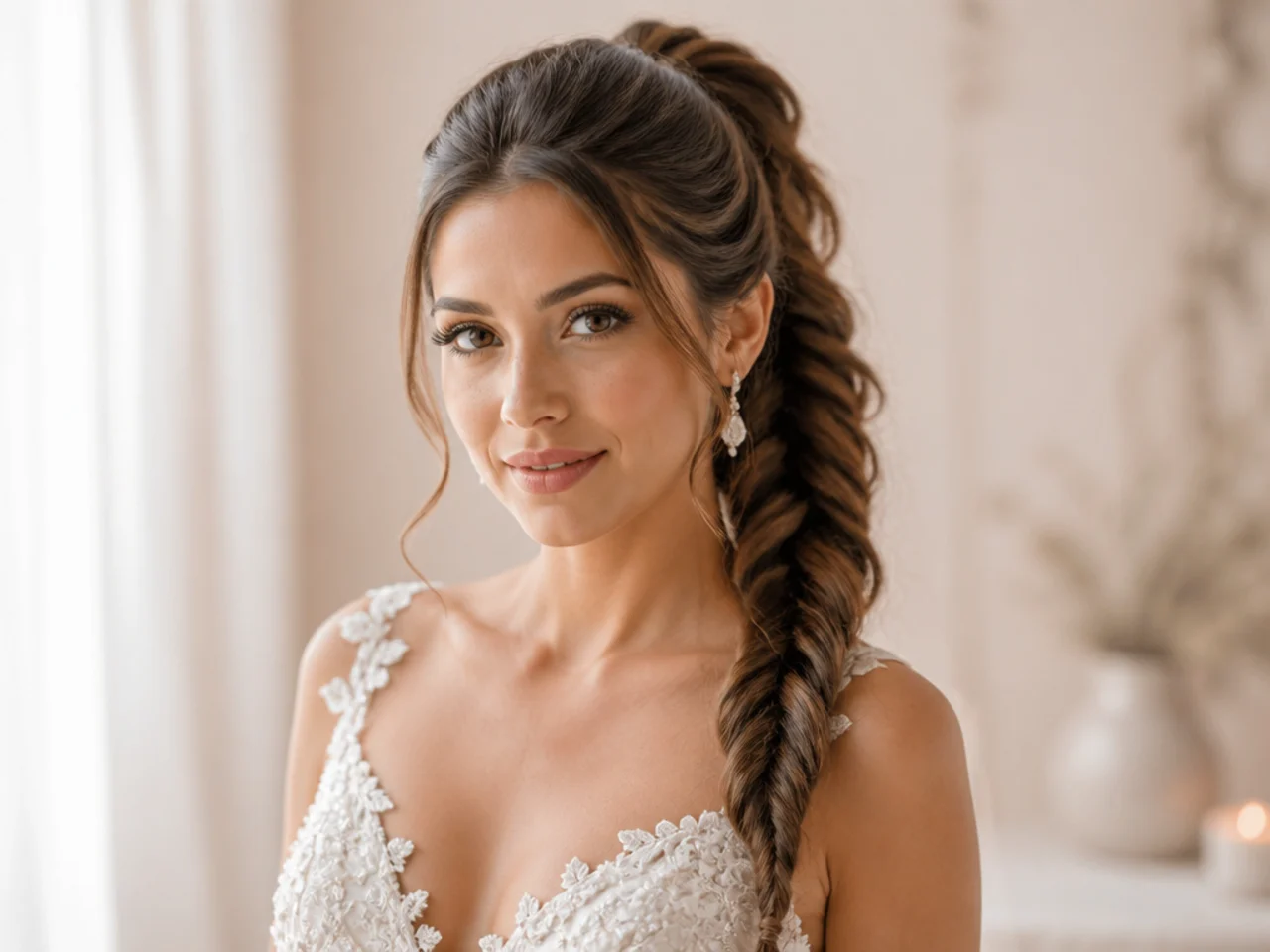 Fishtail braid falling from a high ponytail base on a bride with medium brown hair