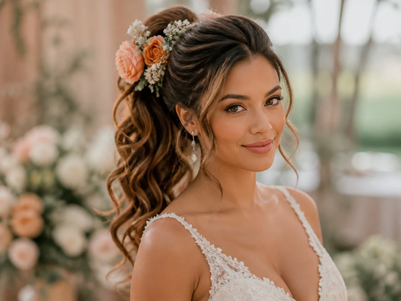 Soft loose curl high ponytail with fresh flowers tucked at the base on a garden wedding bride
