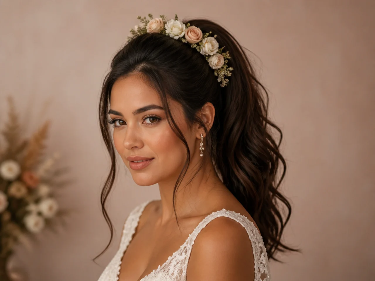 Bride with a half-crown of fresh flowers meeting at the base of a high ponytail on Latina bride