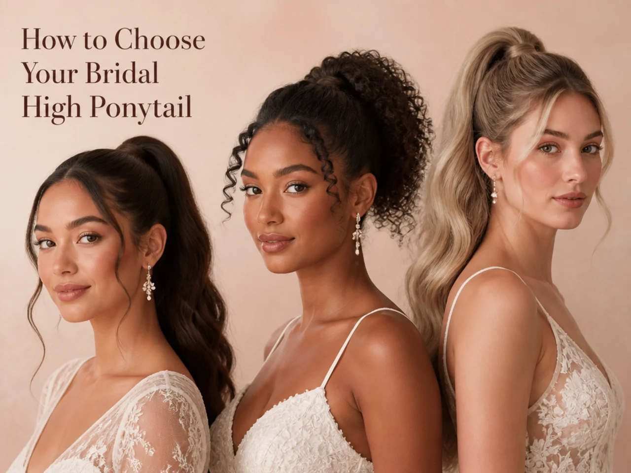 Three brides side by side wearing different high ponytail wedding hairstyles — sleek pearl, bohemian braided, and ballroom volume