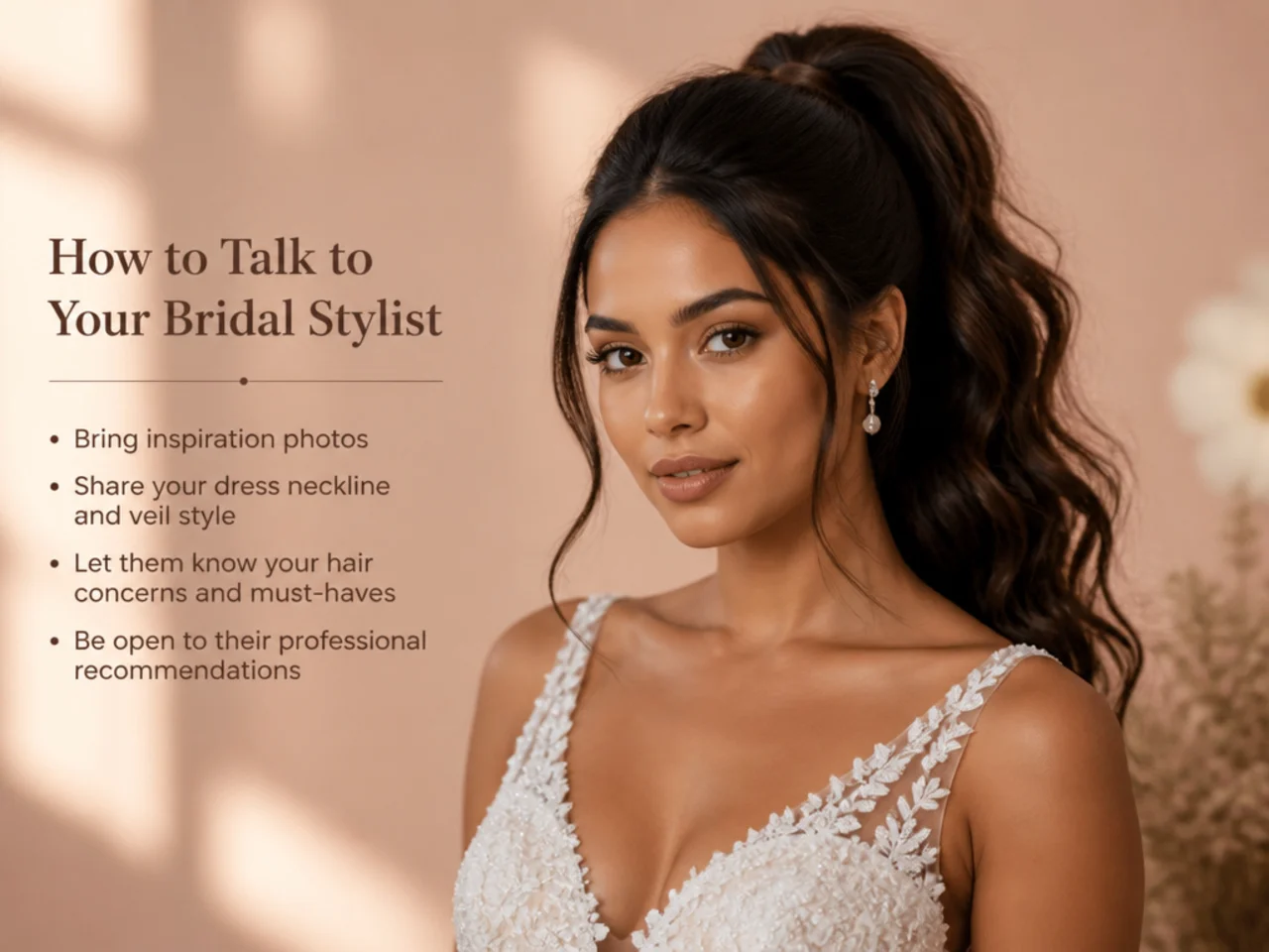 Bride and stylist in a hair trial with veil, mood board, and dress swatch on the counter