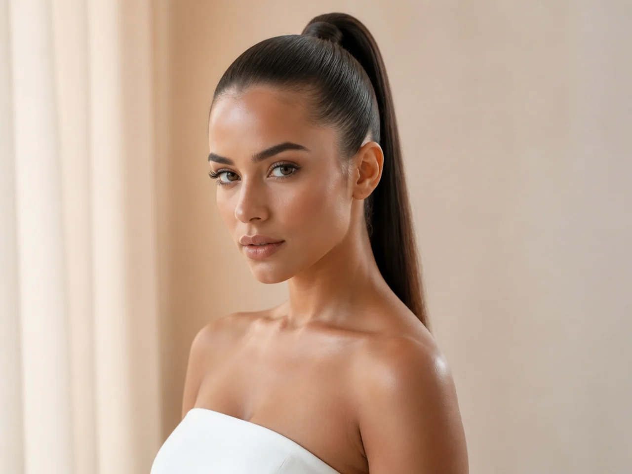 Minimalist bridal high ponytail with no accessories and glass-finish scalp on a modern bride