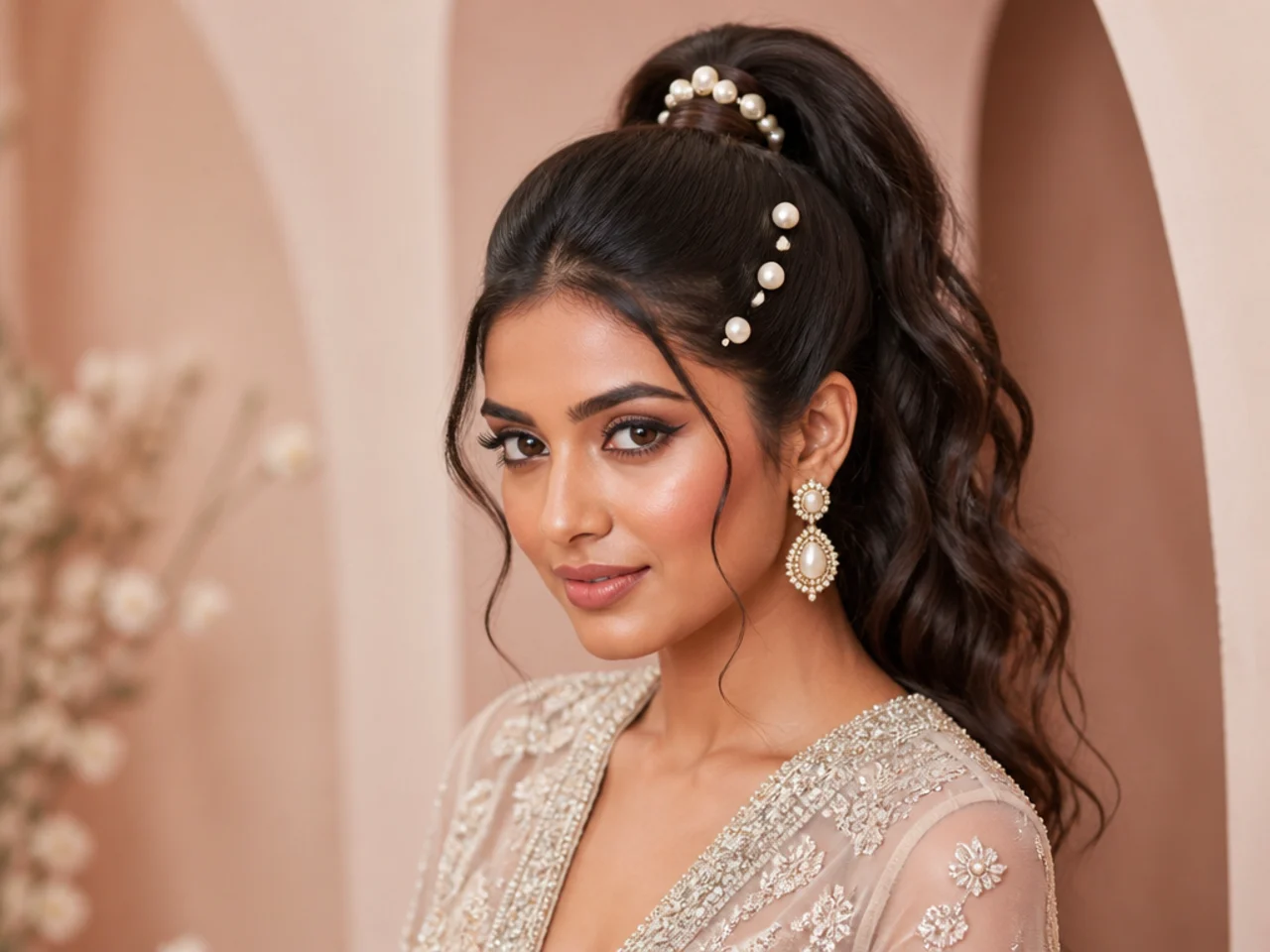Bridal high ponytail with pearl accents pinned along the wrapped base and hairline on a South Asian bride