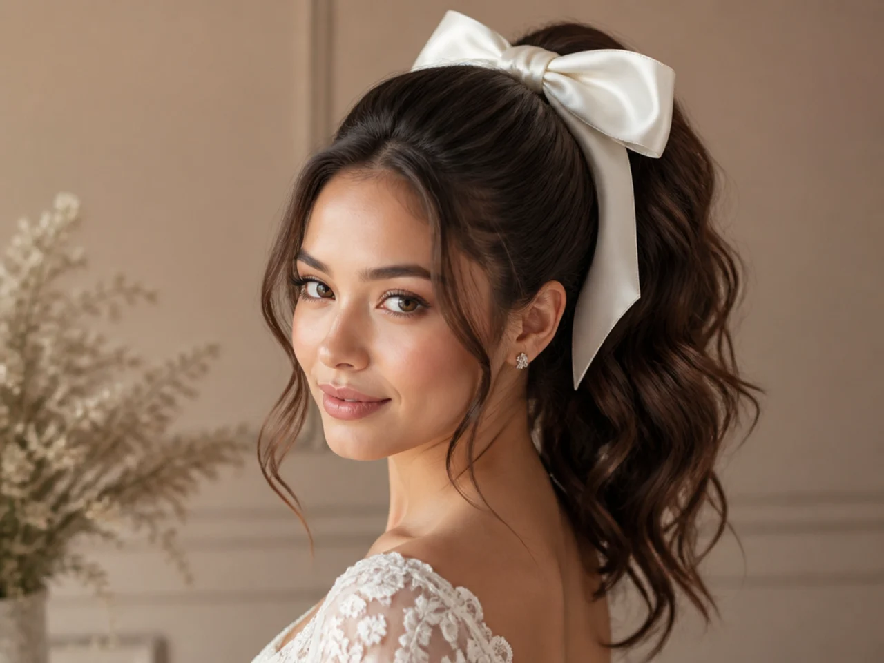 Oversized satin bow at the base of a bridal high ponytail on a bride