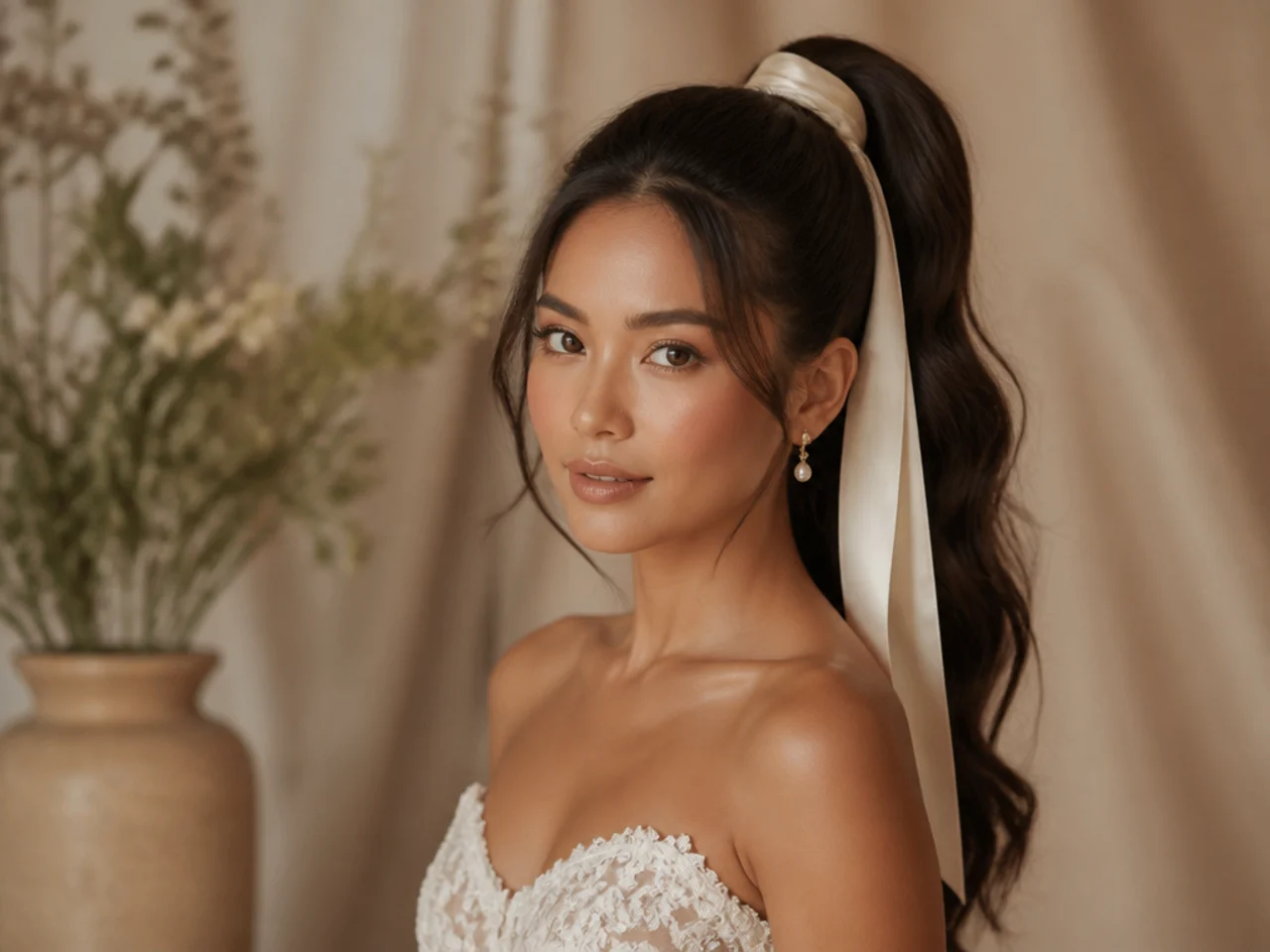 High ponytail with a silk ribbon wrap and long tails hanging down the back on a bride