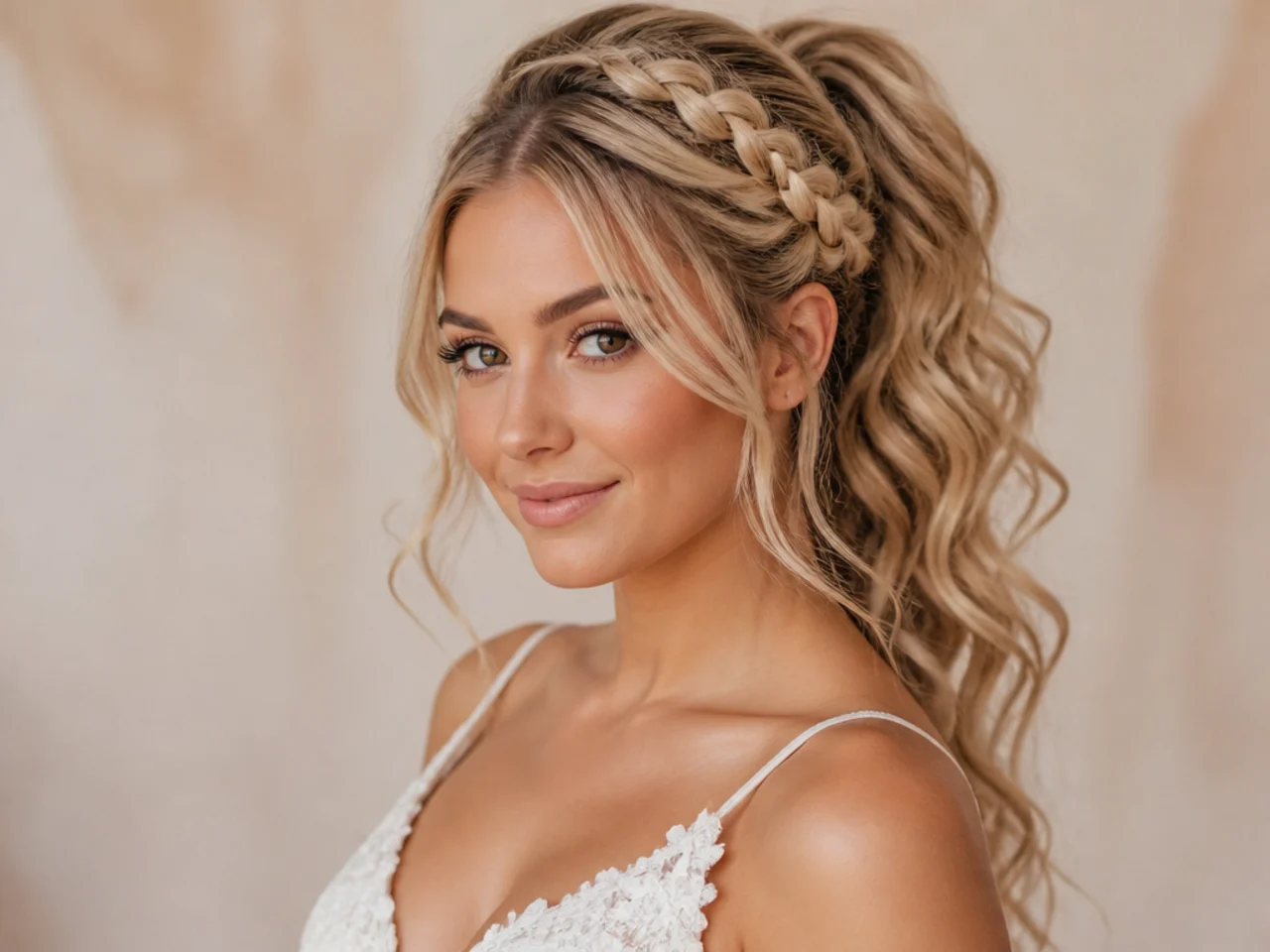 Boho bridal high ponytail with a halo braid feeding into a soft loose ponytail on a bride with wavy blonde hair