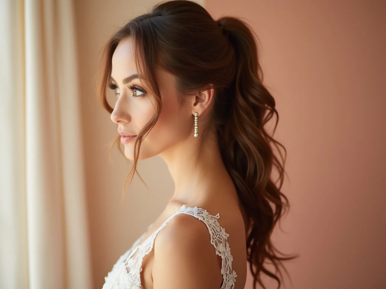 Bride with a second-look reception high ponytail with soft waves in the tail after a ceremony updo