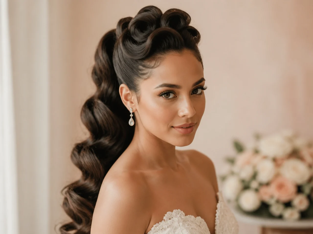 Vintage bridal high ponytail with pin-curled crown and finger-waved tail on a bride