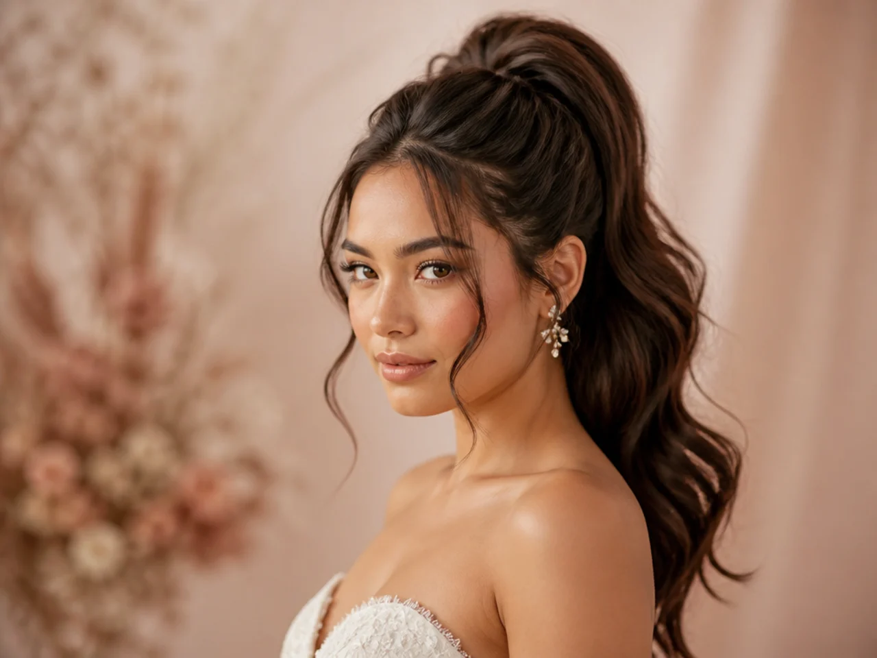 Elegant bridal high ponytail with wrapped base, pearl accents, and a long straight tail on a bride in a white gown