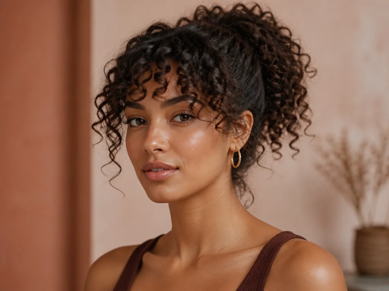 Air-dried curly fringe with defined ringlets across the forehead and a curly high ponytail on a woman with Type 3B hair