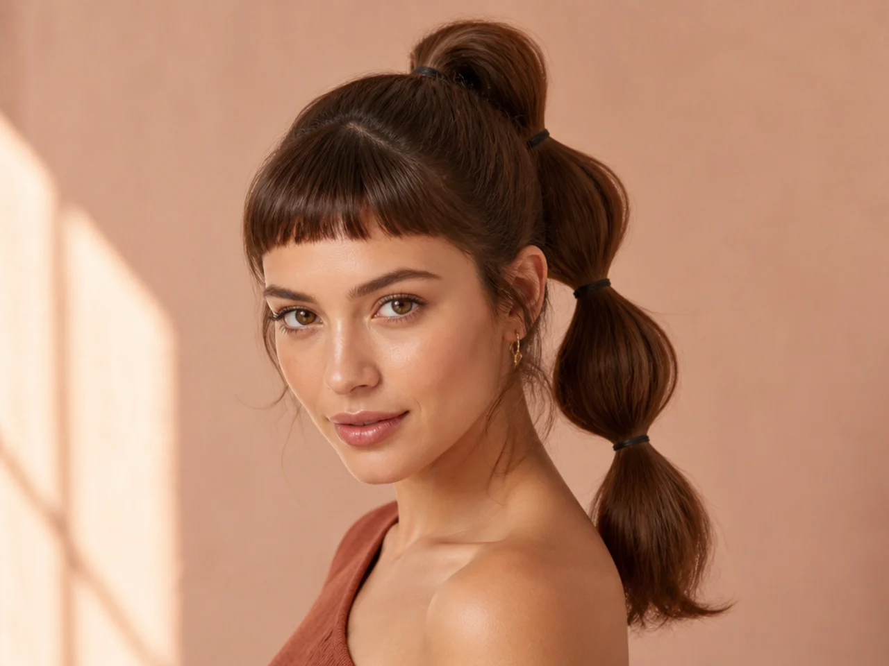 Blunt baby bangs above the brow paired with a bubble ponytail featuring three defined bubble sections on a woman with light brunette hair