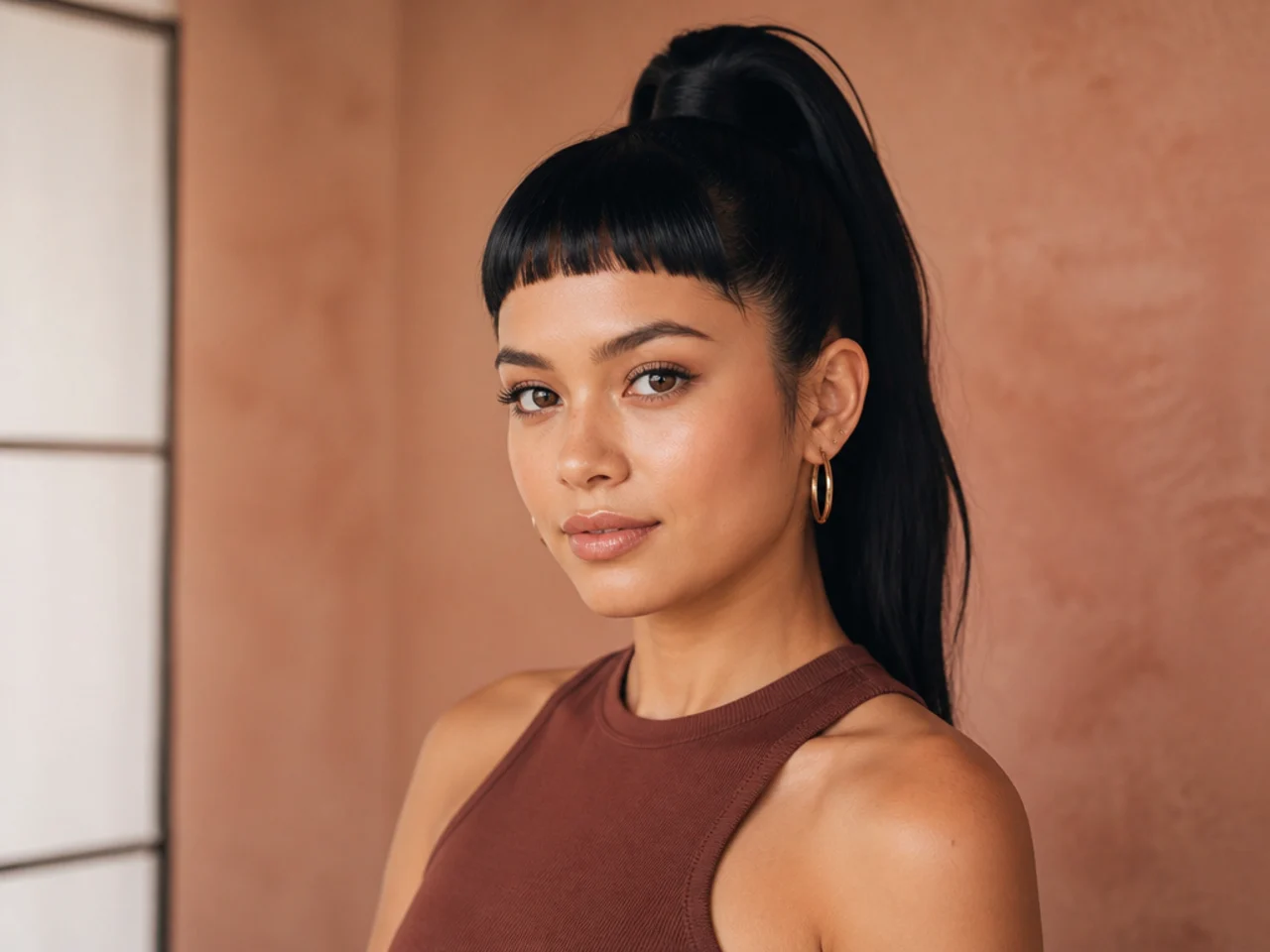 Blunt baby bangs cut two inches above the brow with a sleek high ponytail on a woman with jet-black hair