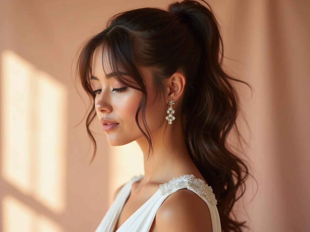 Bridal wispy bangs with soft Hollywood waves in the pony paired with a wrapped-base high ponytail on a woman in a white gown