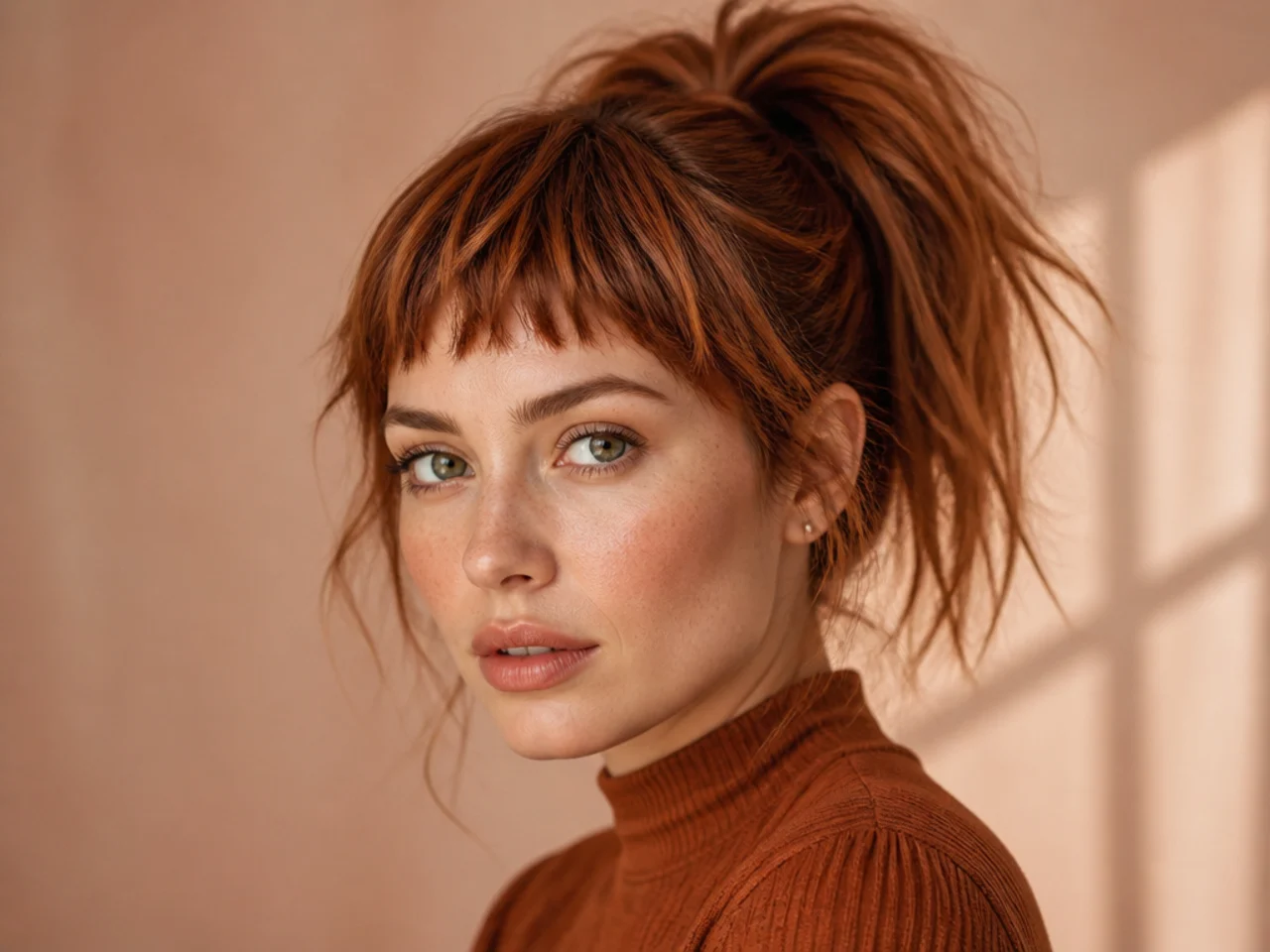 Choppy irregular cropped fringe with jagged ends above the brows paired with a messy high ponytail on a woman with copper-red hair