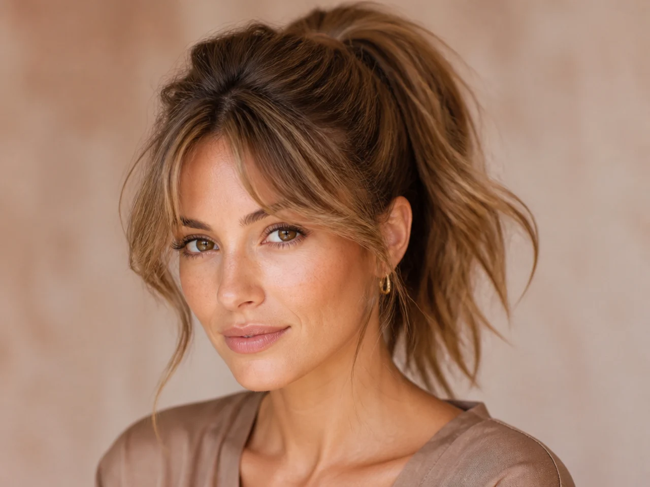 Voluminous fluffy curtain bangs with lift at the roots paired with a high ponytail on a woman with fine light brown hair