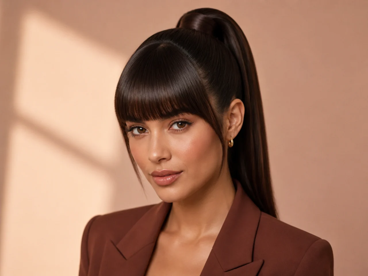 Full blunt fringe hitting just above the eyebrows paired with a glass-sleek high ponytail on a woman with dark brown hair