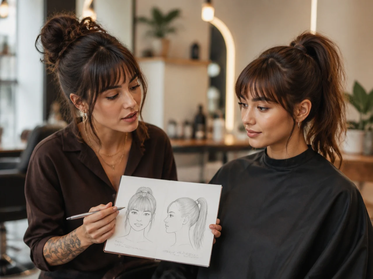 Hair stylist consulting with a client about bangs and a high ponytail cut in a modern salon