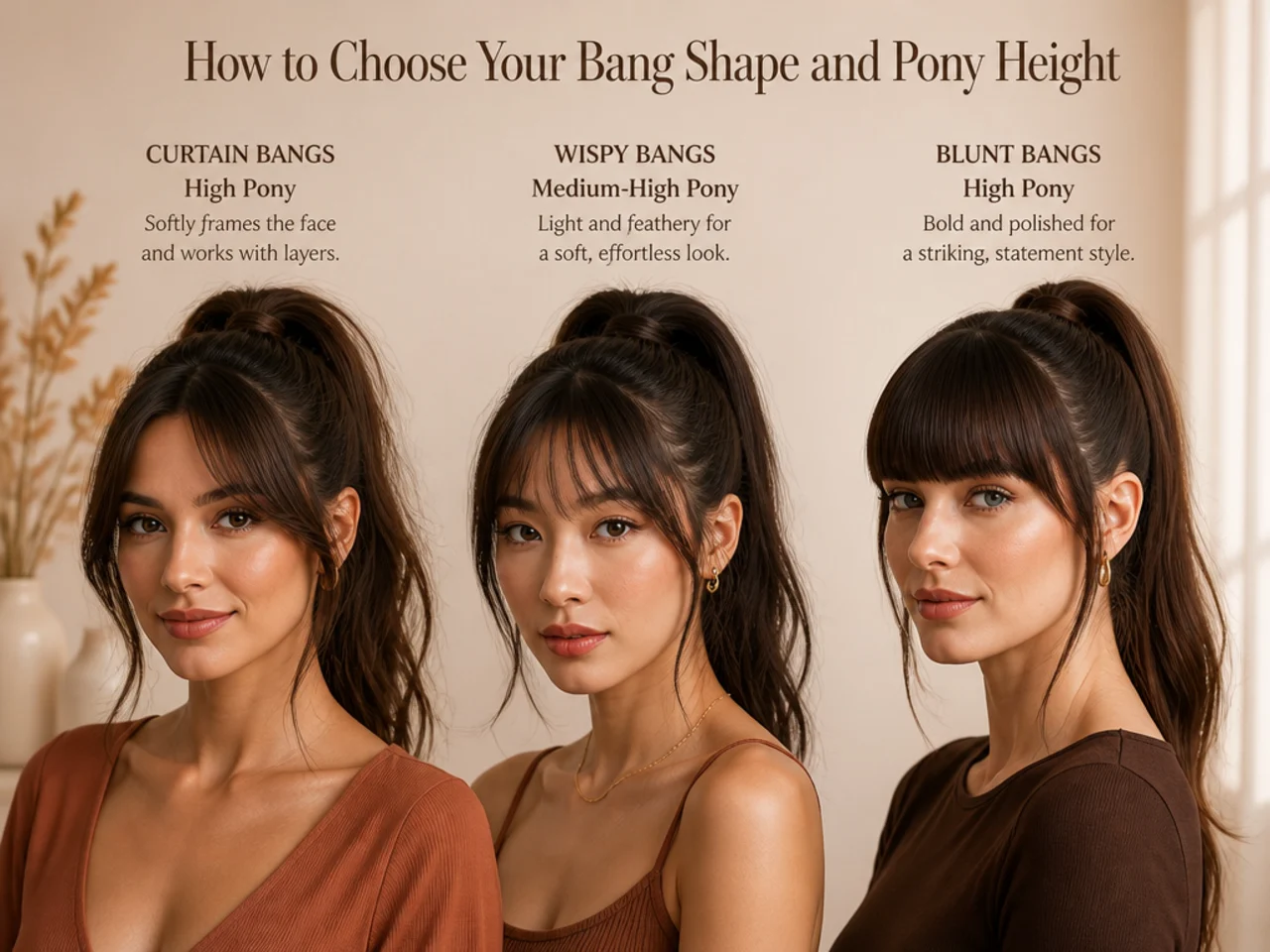 Three women modeling different high ponytail and bang combinations side by side — curtain, wispy, and blunt bangs