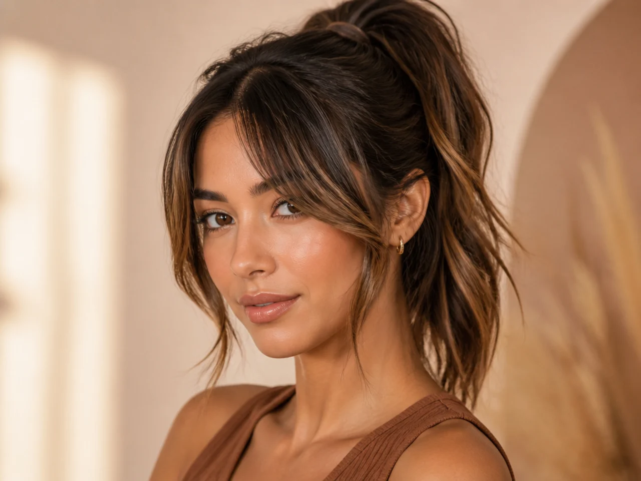 Long curtain bang blending into cheekbone-length face-framing layers with a high ponytail on a woman with caramel-highlighted brown hair