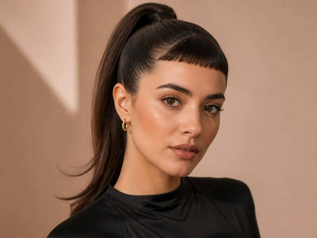 Micro baby bangs sitting two and a half inches above the brow with a slicked ballerina high ponytail on a woman with dark brunette hair