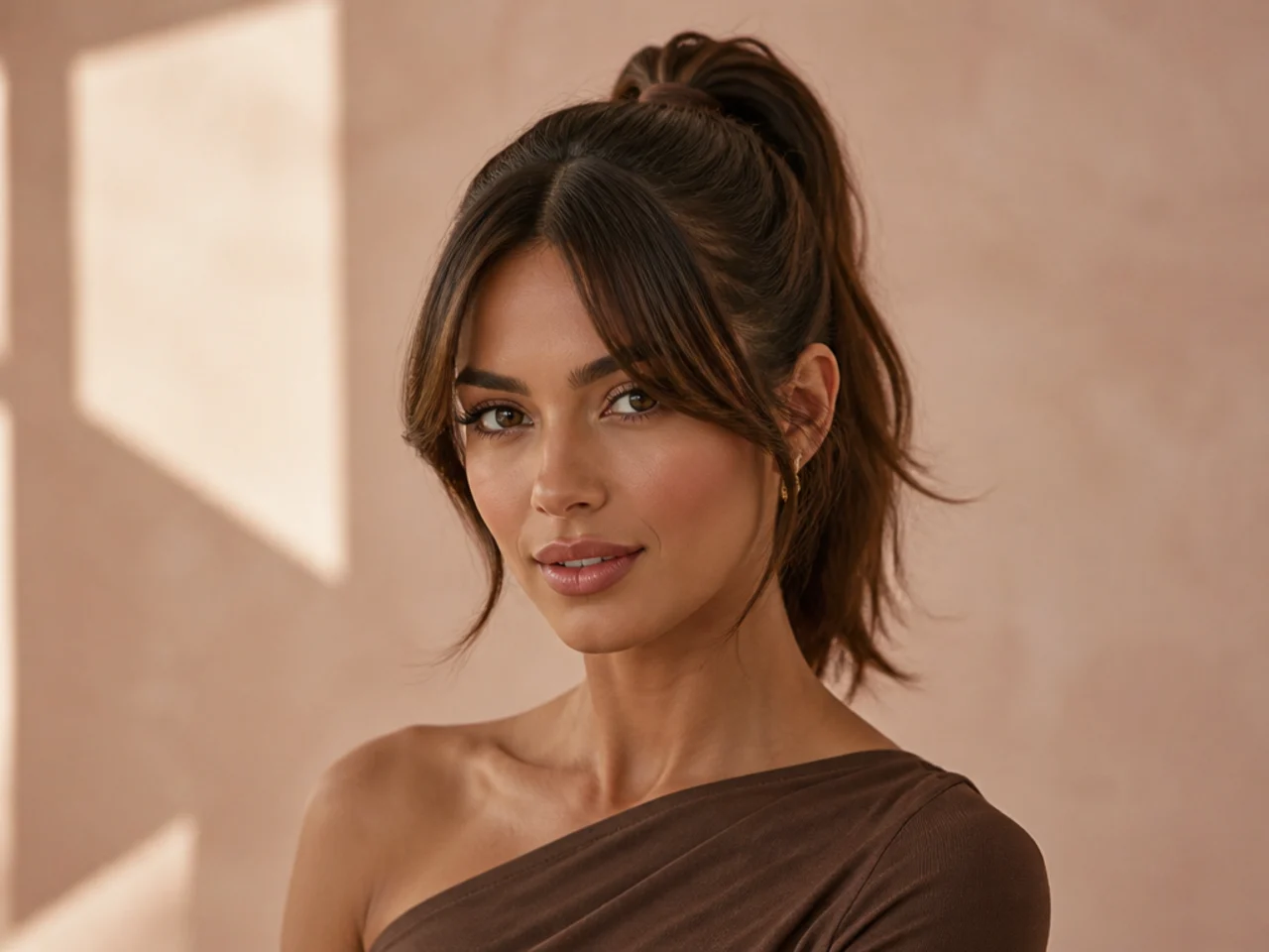 Deep middle-part curtain bangs splitting cleanly at center paired with a sleek high ponytail on a woman with chocolate brown hair