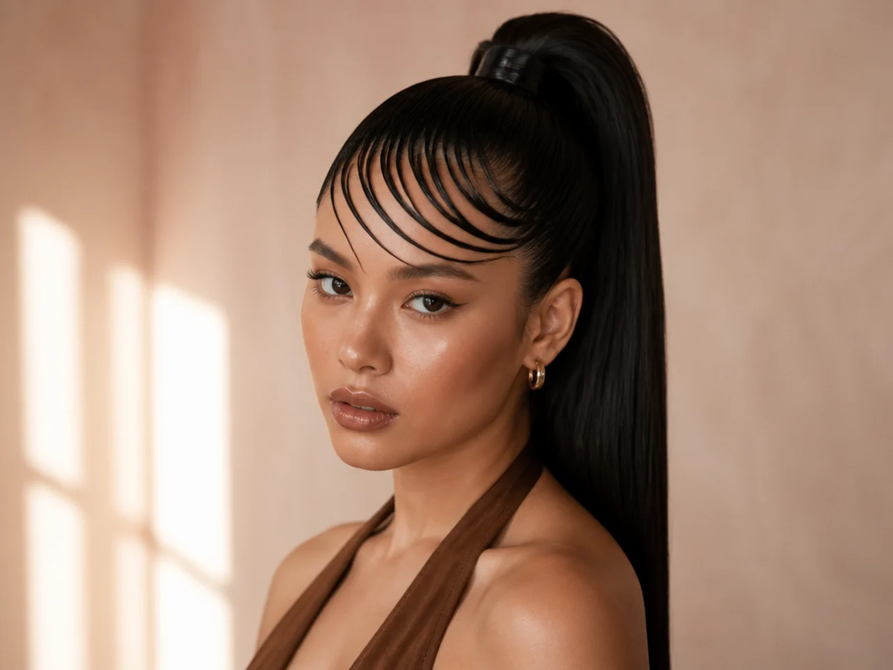 Wet-look slicked bang combed flat against the forehead with a glossy high ponytail on a woman with jet-black hair