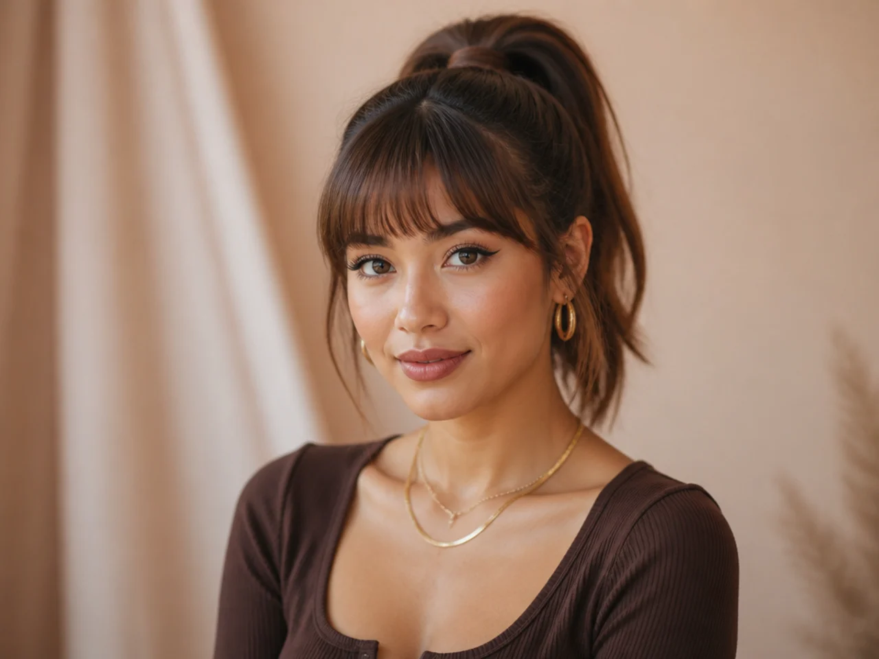 High ponytail with soft curtain bangs framing the face on a woman with medium brown hair, ponytail set at the crown