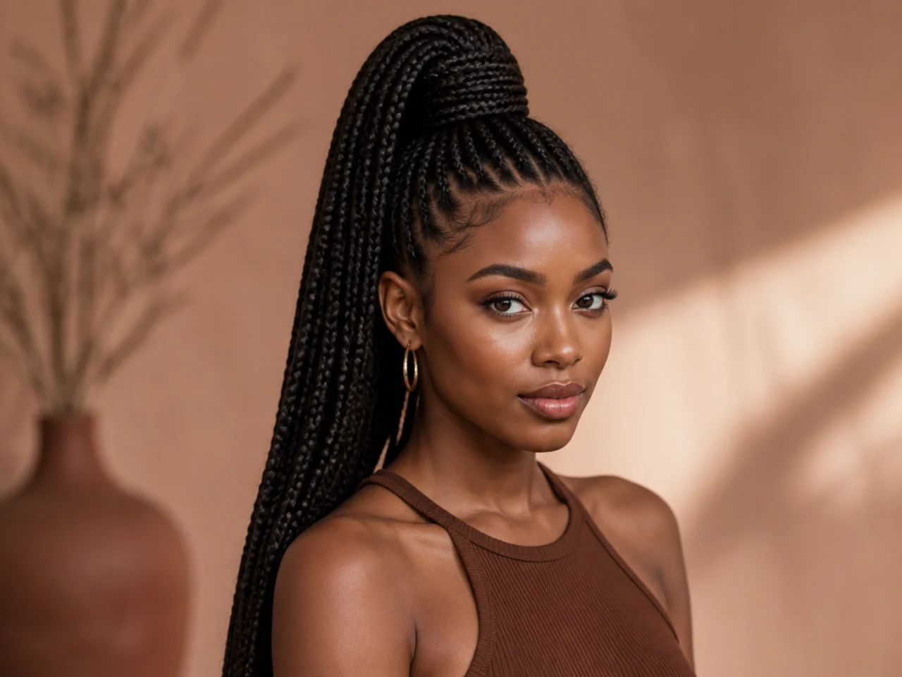 Long box braids gathered into a high ponytail wrapped at the base on a Black woman