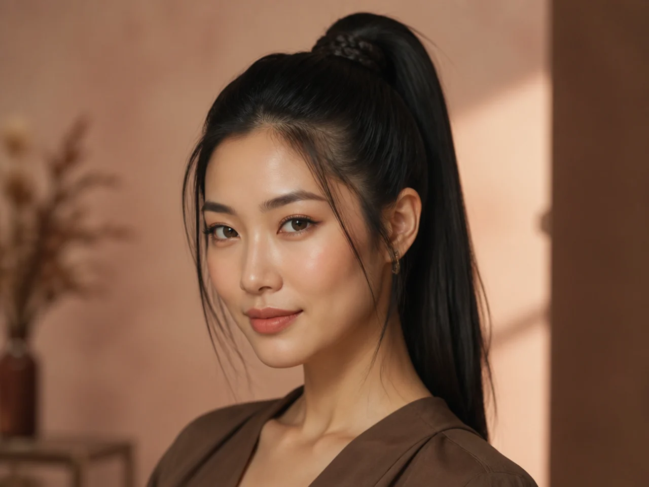 High ponytail with a small three-strand braid wrapped around the base to hide the elastic on an East Asian woman with straight black hair