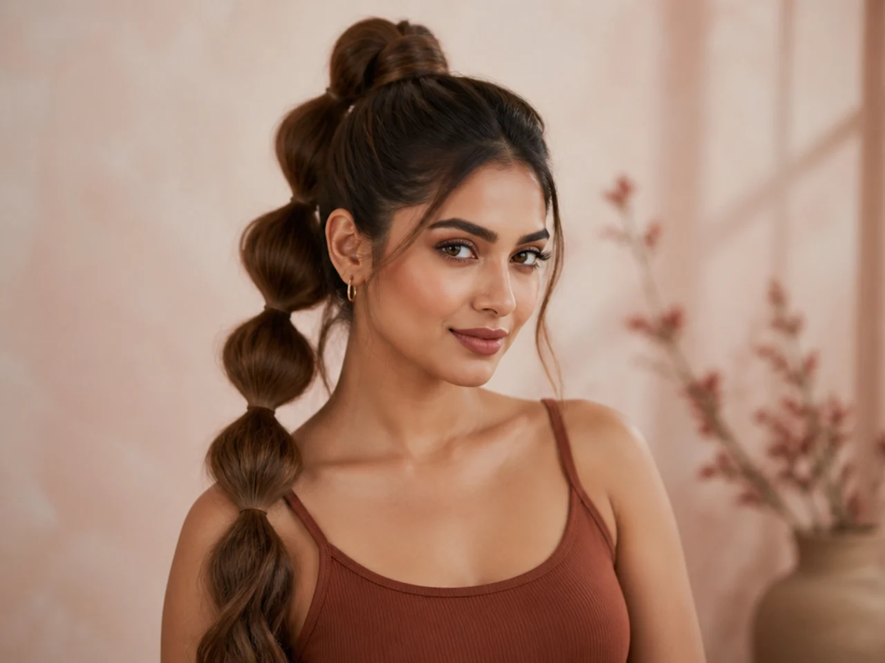 Bubble braid high ponytail with sections divided by clear elastics on a South Asian woman with long wavy hair