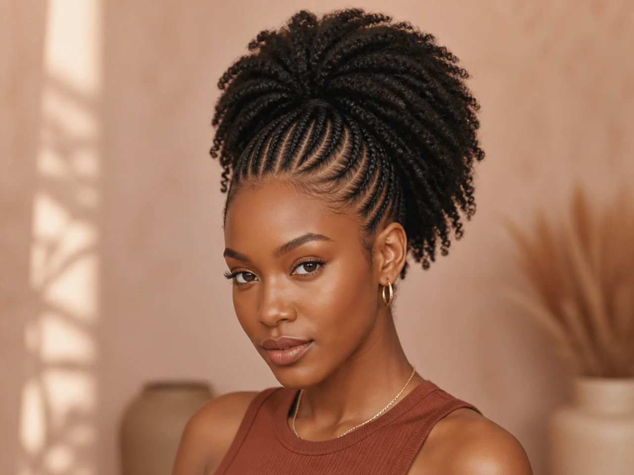 Multiple straight-back cornrows feeding into a high ponytail on a Black woman with 4B natural hair