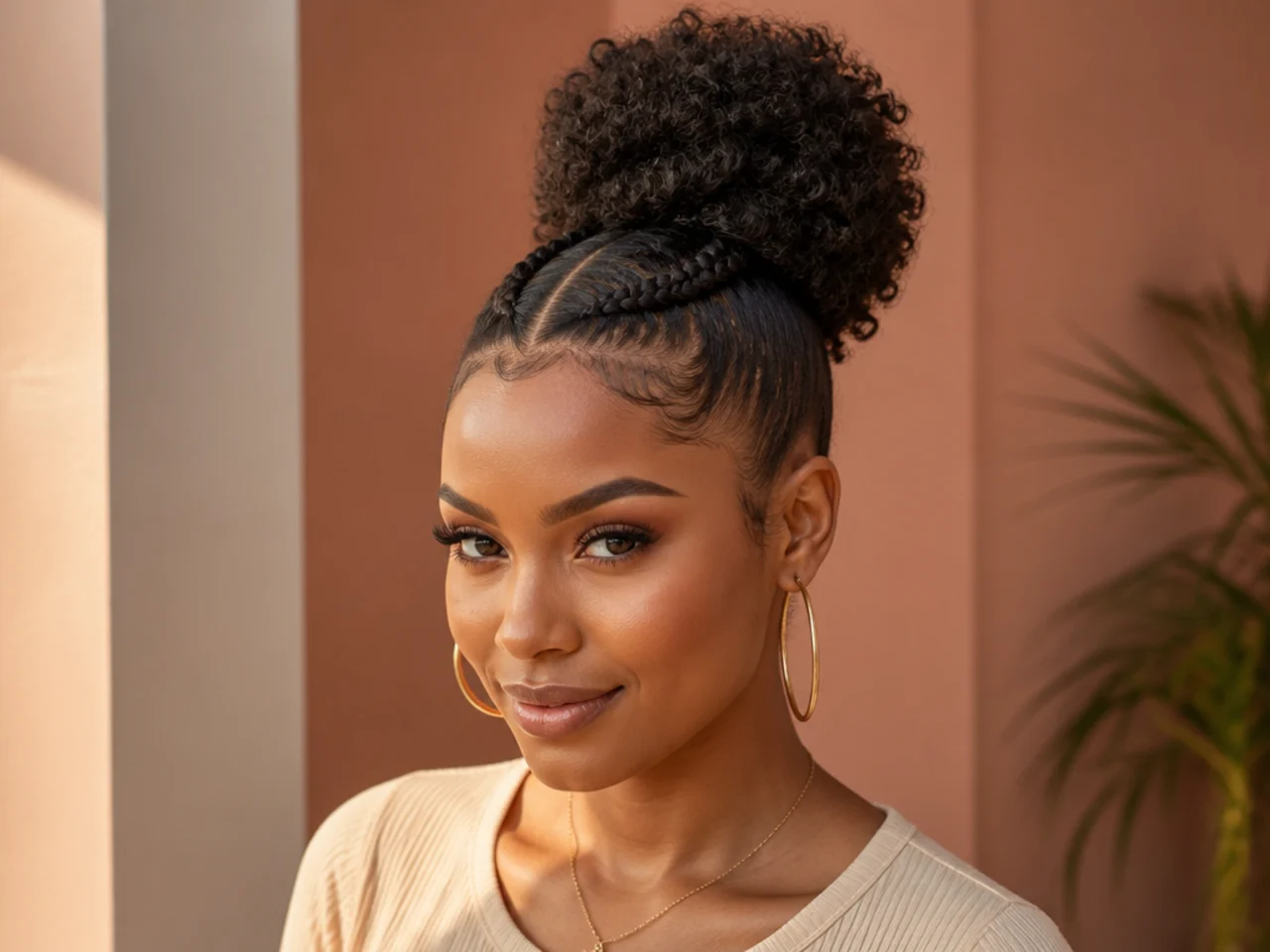 Two cornrow braids across the front of the head meeting a natural curly puff high pony on a Black woman