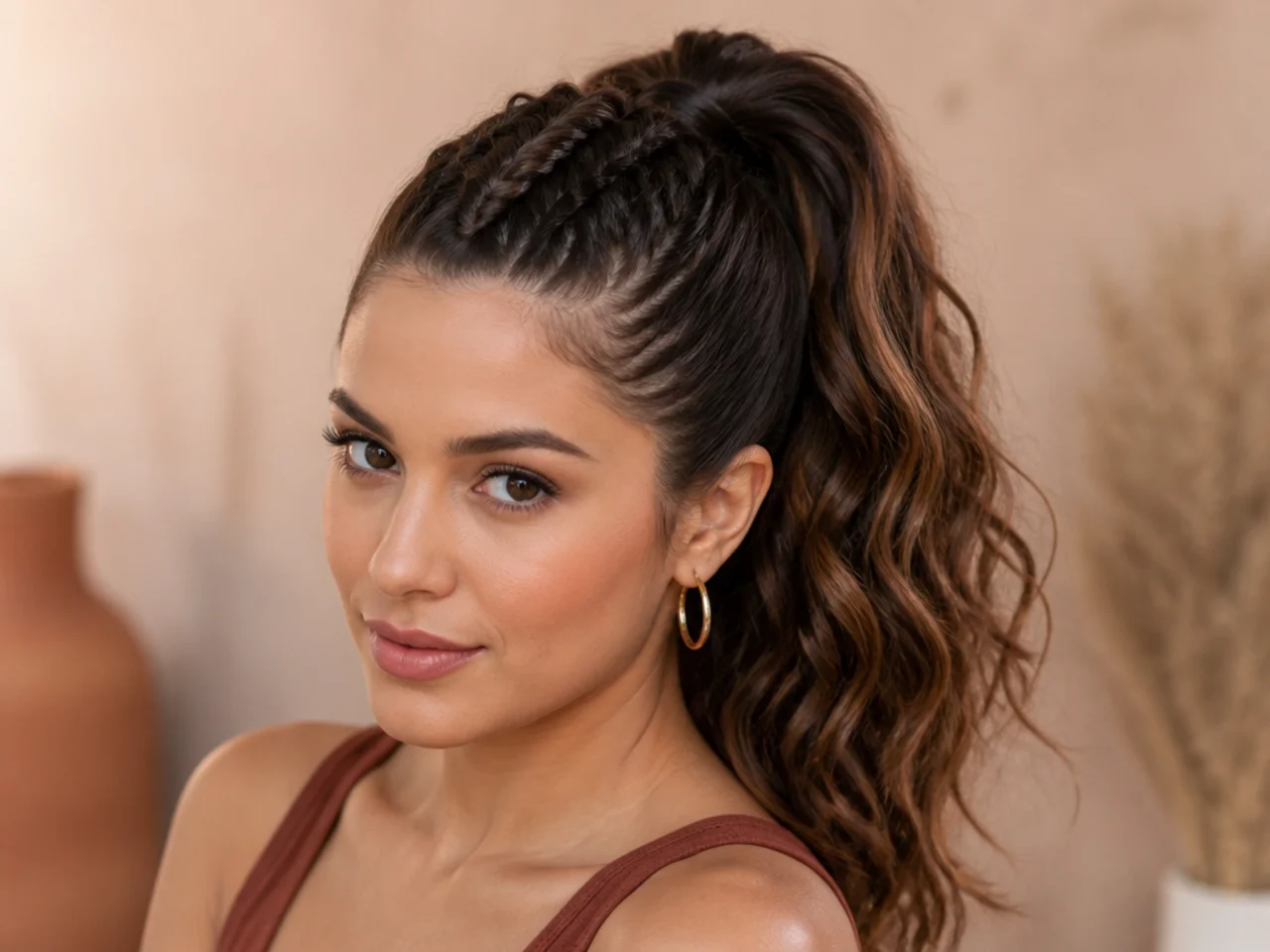 Single Dutch braid mohawk running down the center of the head into a high ponytail on a Latina woman with wavy hair