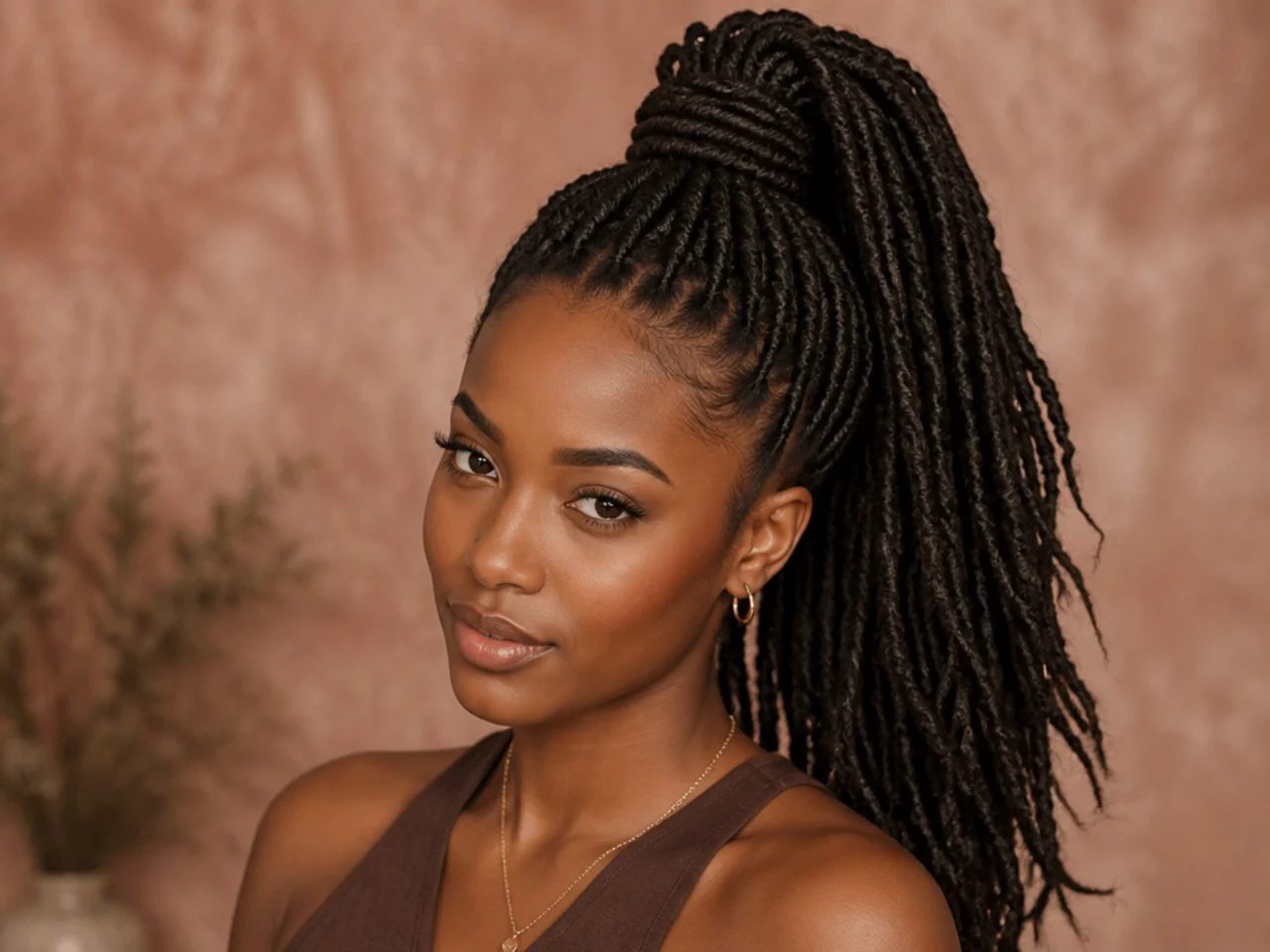 Faux locs gathered into a high ponytail with a wrapped base on a Black woman