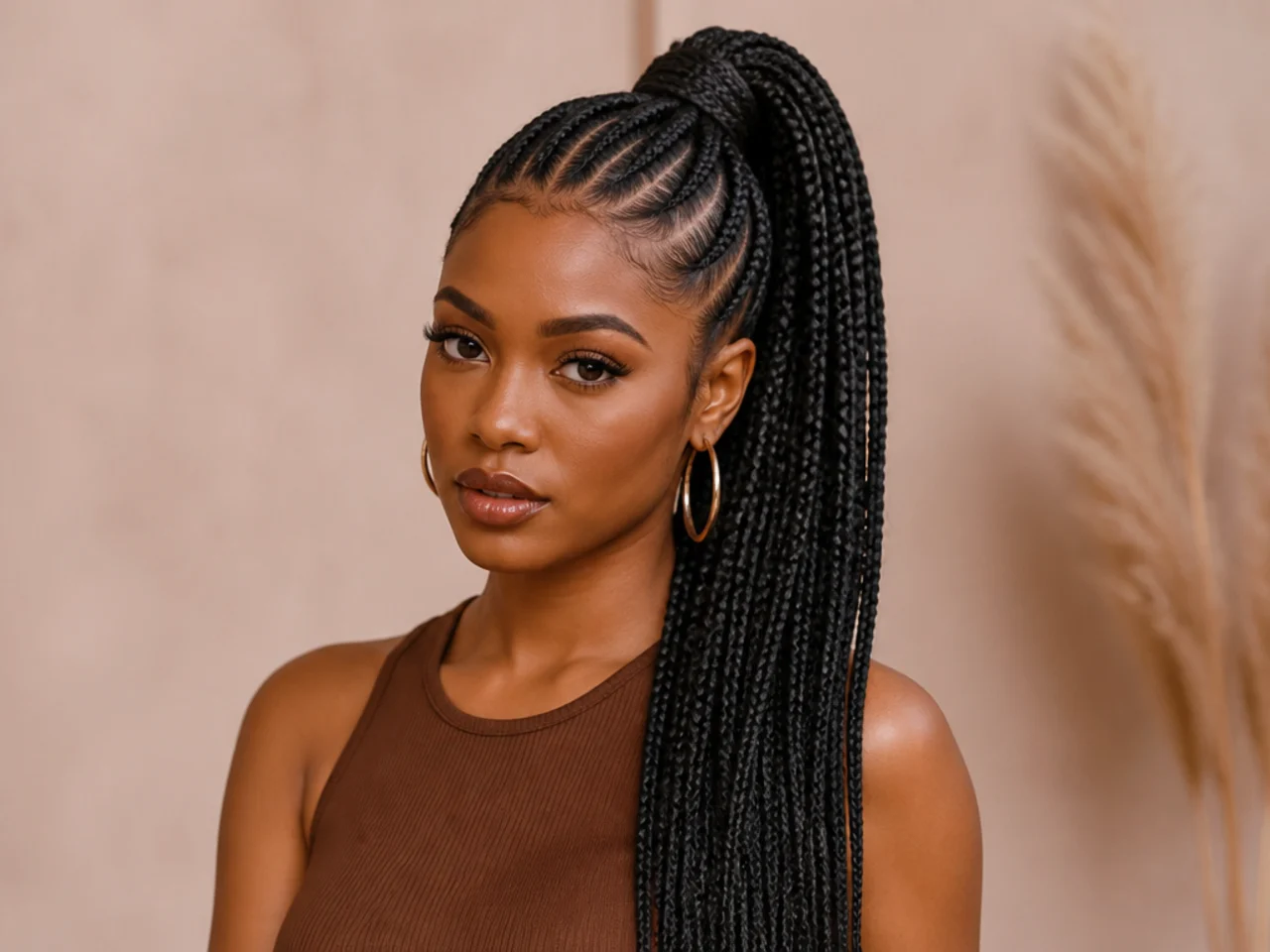 Feed-in cornrow braids with added extension hair leading into a long high ponytail on a Black woman