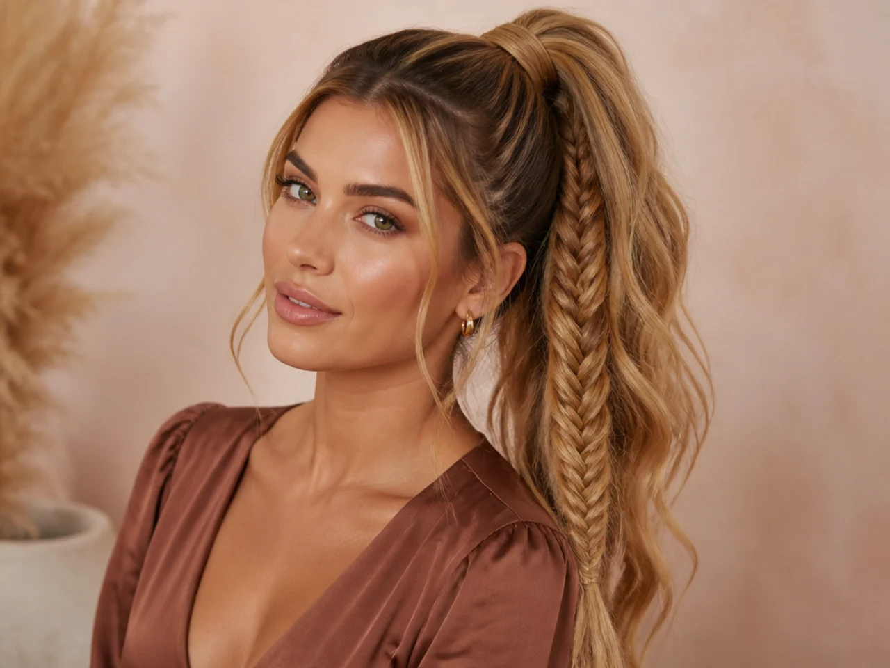 High ponytail with a long fishtail braid down the tail on a woman with honey-blonde wavy hair