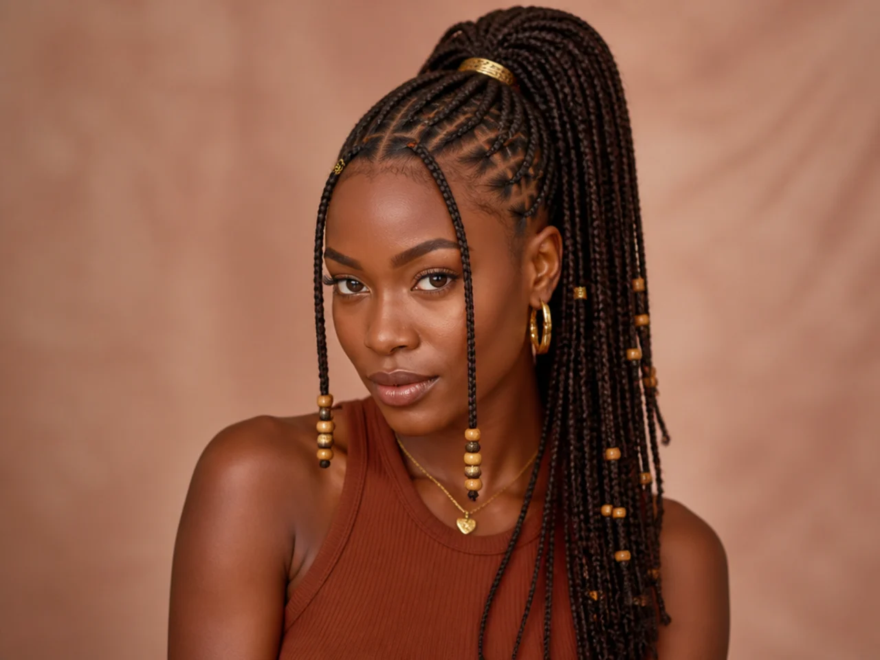 Fulani-inspired braided high ponytail with center cornrow and side braids finished with wooden and gold beads on a Black woman