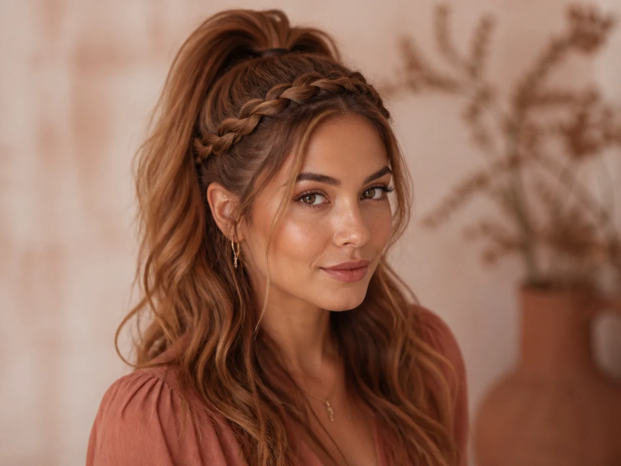 Half-up high ponytail with a thin braided crown across the head and a loose lower half on a woman with wavy amber hair