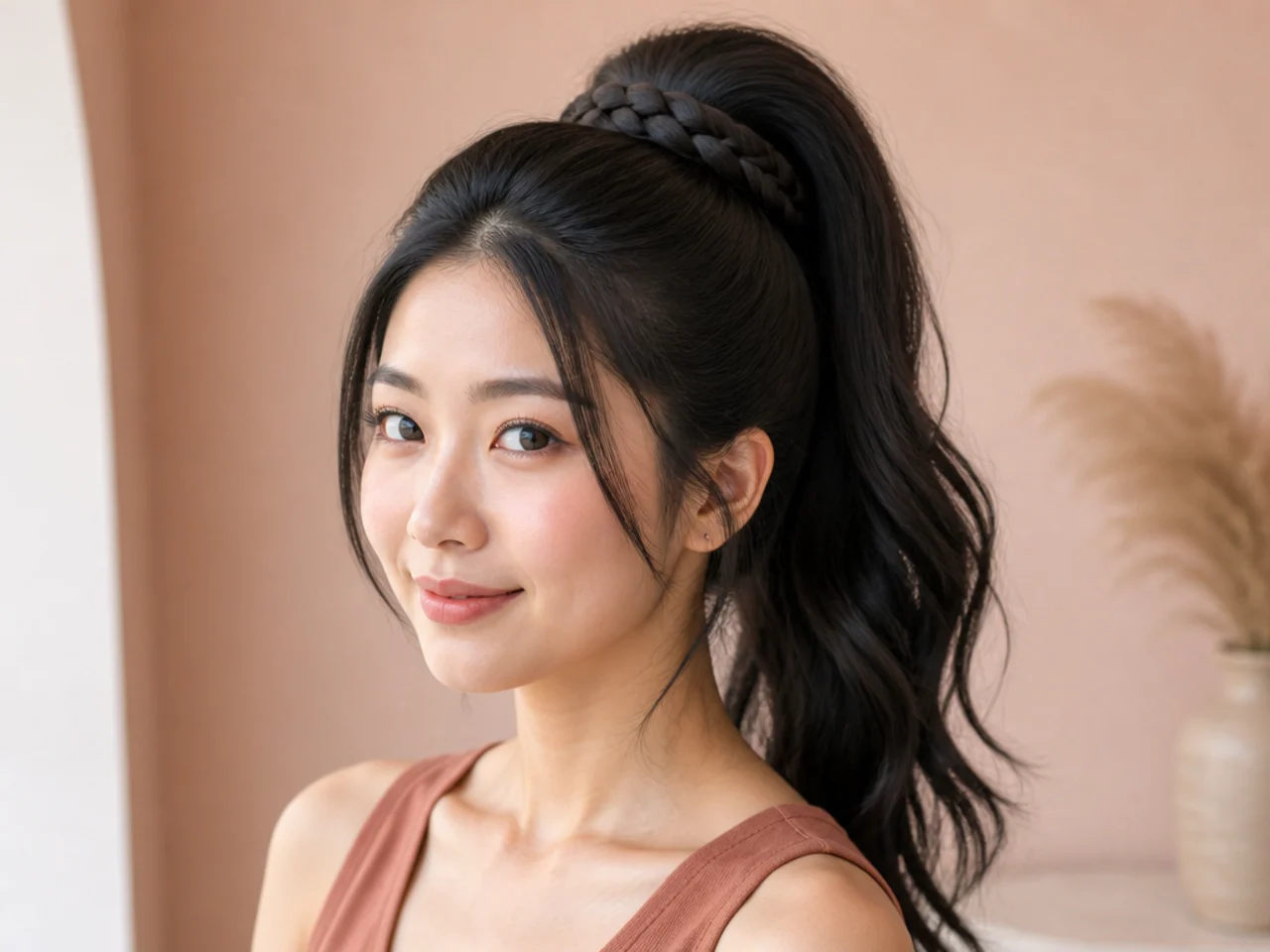 Halo braid encircling the base of a high ponytail on an East Asian woman with sleek dark hair