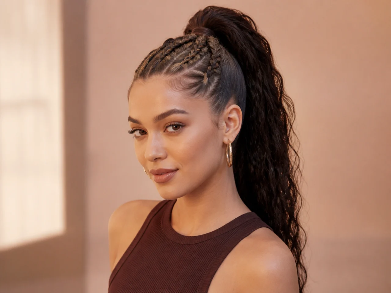 Client showing three braided high ponytail reference photos to a stylist at the salon