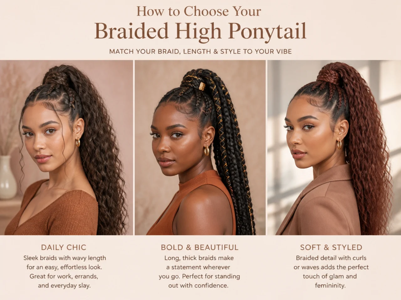 Three women modeling different braided high ponytails — French, Dutch, and box-braid gathered