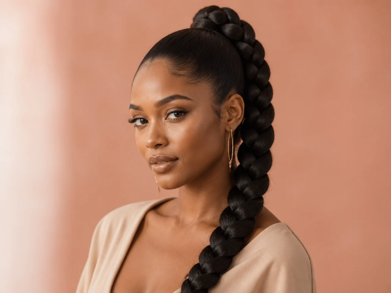 Jumbo single braid gathered into a high ponytail on a Black woman with natural stretched hair