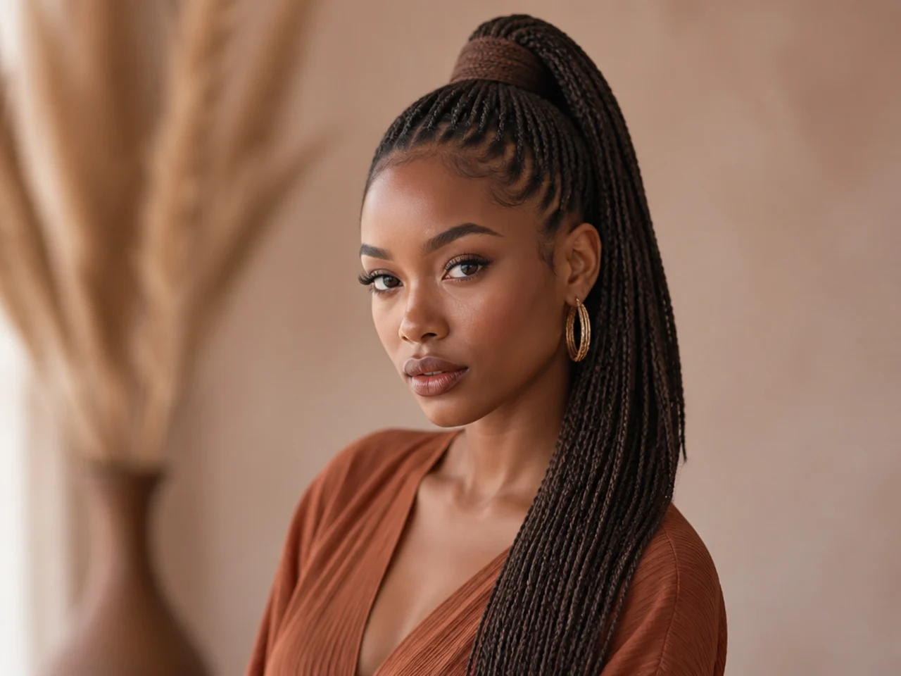 Long micro braids gathered into a high ponytail on a Black woman with a wrapped base