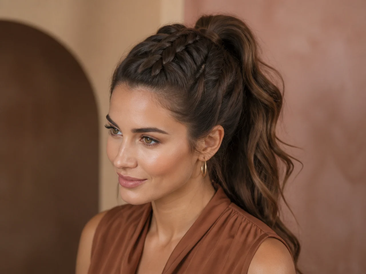 Reverse French braid running from the nape up the back of the head into a high ponytail on a woman with medium brown hair