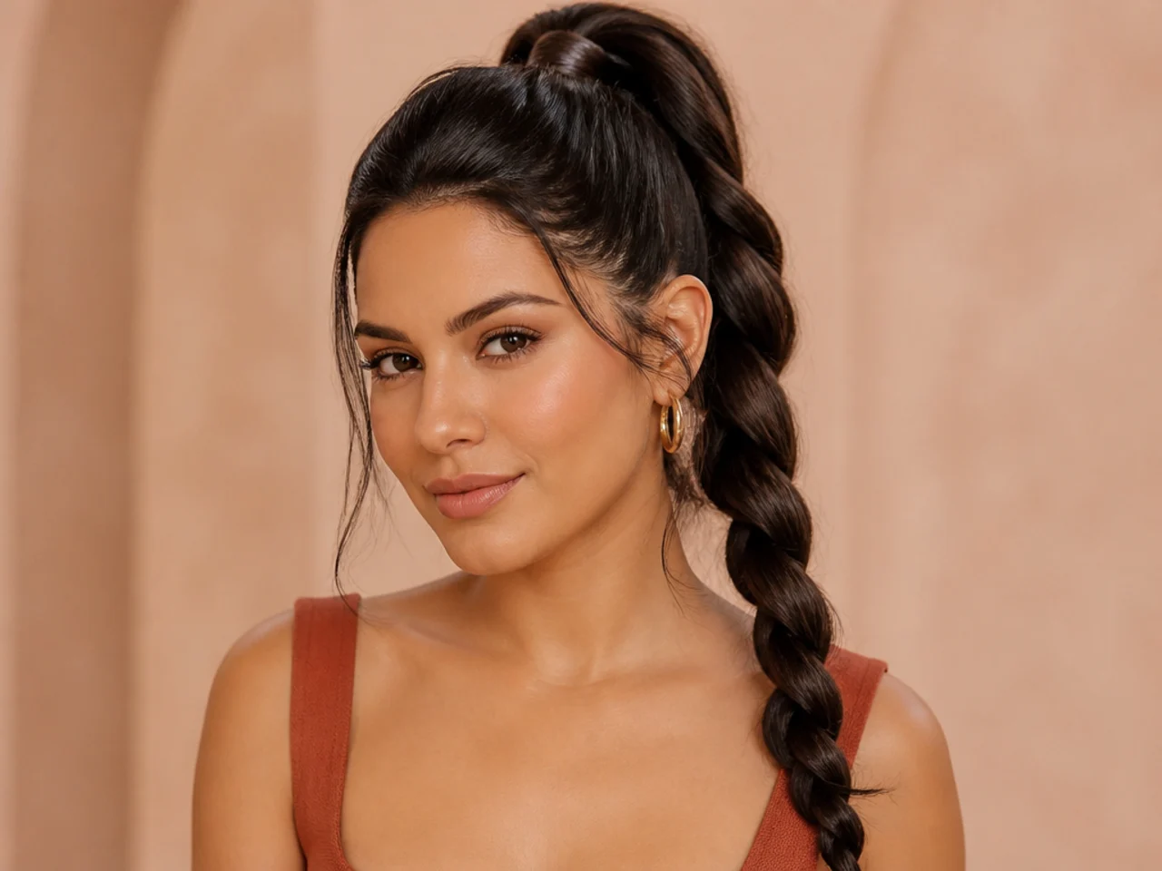 Two-strand rope twist braid down the tail of a high ponytail on a Latina woman with wavy dark hair