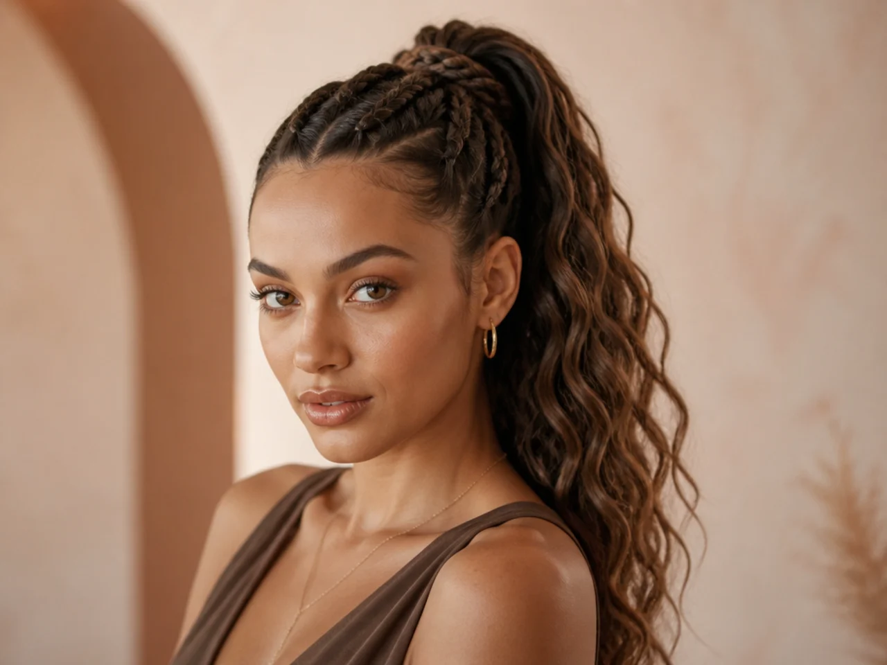 Braided high ponytail with a single French braid feeding into a snatched crown pony on a mixed-ethnicity woman