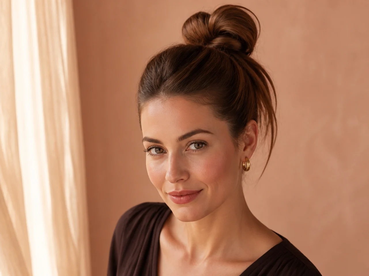 High ponytail with tail looped once into a half-bun shape on a woman with medium brown hair
