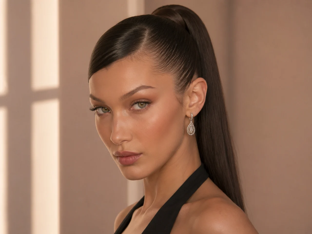 Deep-side-part sleek high ponytail with laid edges and straight tail in Bella Hadid style