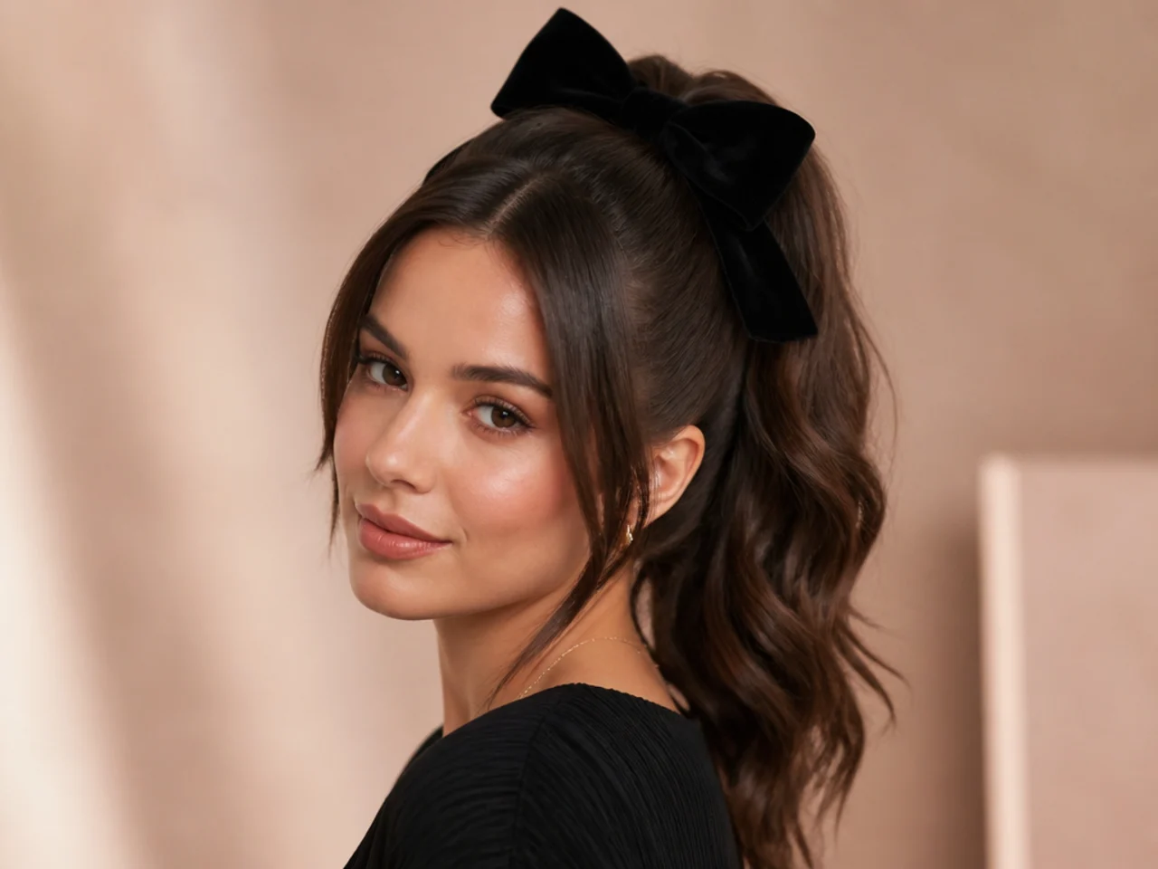 High ponytail with a large black velvet bow tied over the base on chocolate brown hair
